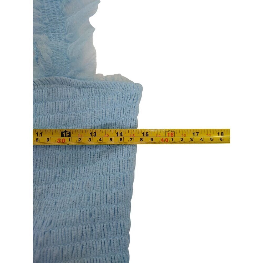 Trixxi Blue Maxi Dress, Ruffled Straps, Smocked Bodice, Size L, Polyester Mesh. - Picture 6 of 7